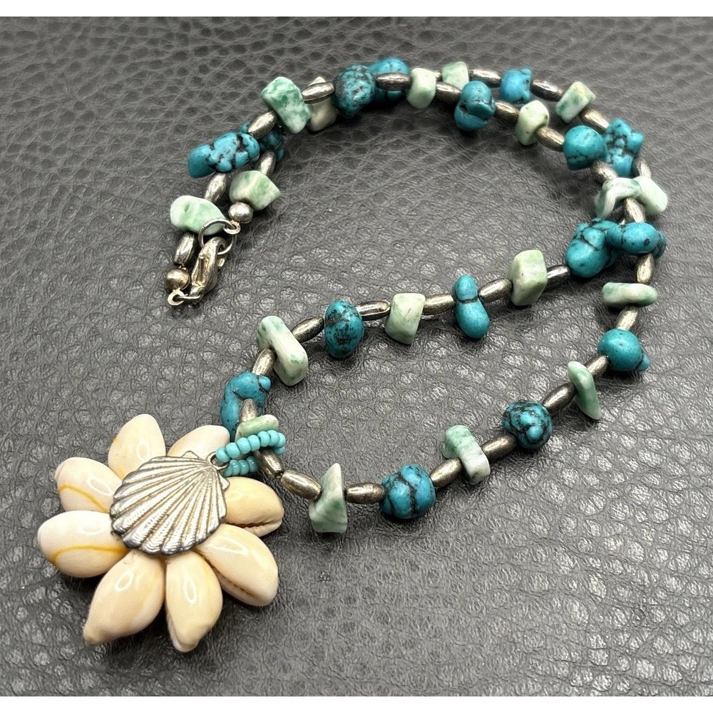 VTG Boho Turquoise Blue Clam Shell Flower Pendant Necklace Silver Tone Bead